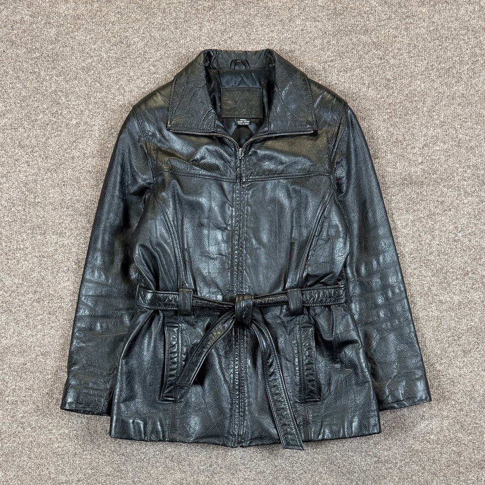 VTG Black Genuine‎ Leather Belted Jacket Women’s S Retro 90s Grunge Moto Matrix